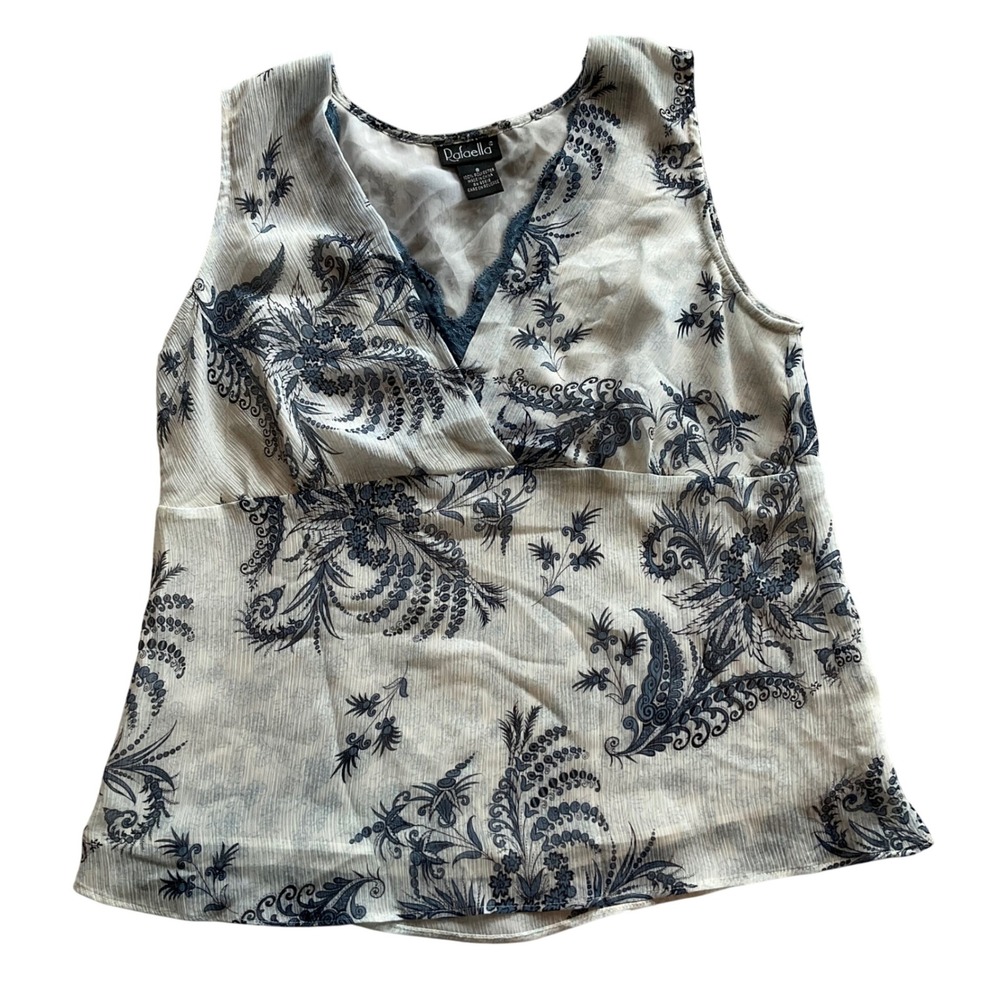 Rafaella Sleeveless Blouse Women 8 White Blue Floral Paisley Lace Trim‎ V-Neck